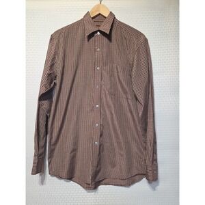 John Phillip Men's Brown Check Silk Cotton Button Front Shirt Medium Long Sleeve